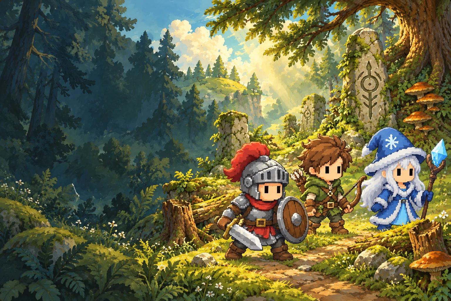 The Toybox Warrior, Ranger and Frost Mage set out along a mossy woodland path.