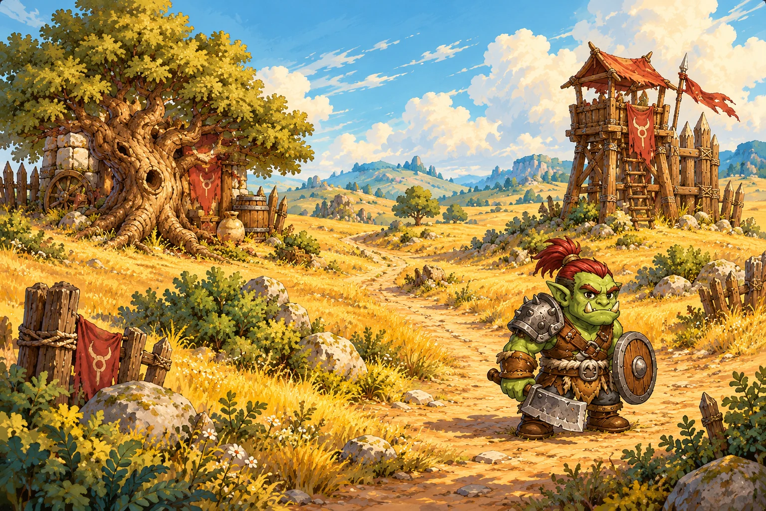 A green orc with a red ponytail guards a golden path beside a timber watchtower and red warband banners.