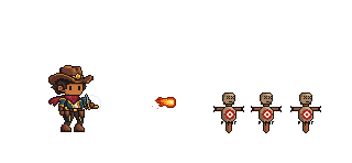 A Toybox Gunslinger fires a Fire Mage’s fireball from his revolver toward straw training targets.